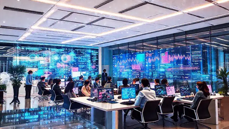 Oficina moderna, equipo diverso y dinámica