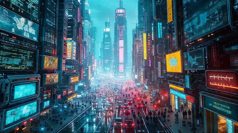 Ciudad futurista y digitalmente vibrante