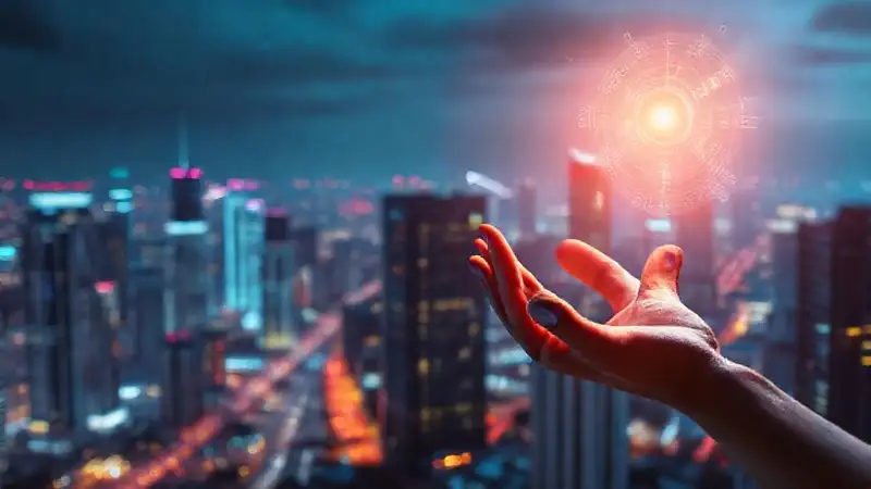 Ciudad futurista con interfaz digital brillante