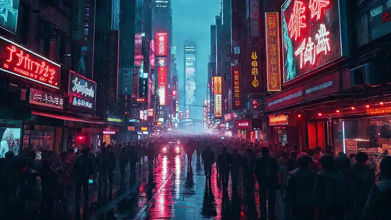 Ciudad cyberpunk futurista y lluviosa