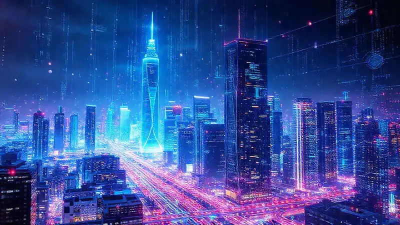 Ciudad futurista digital, compleja y brillante