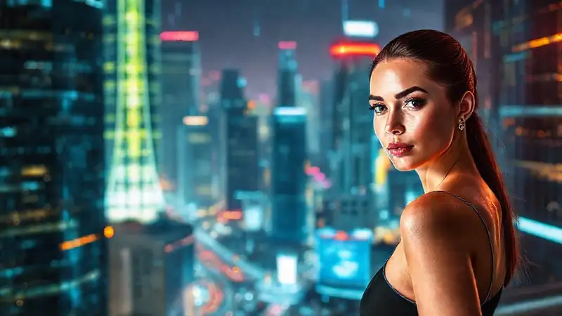 Mujer segura en ciudad digital brillante