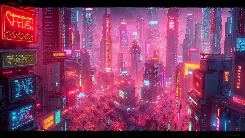 Ciudad futurista, neón y tecnología digital