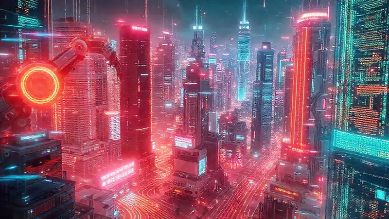 Ciudades futuristas, IA y datos brillantes