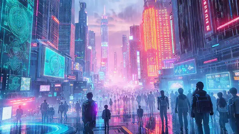 Ciudad futurista con luces brillantes