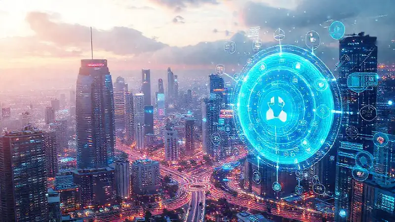 Ciudad futurista, tecnología brillante y optimista