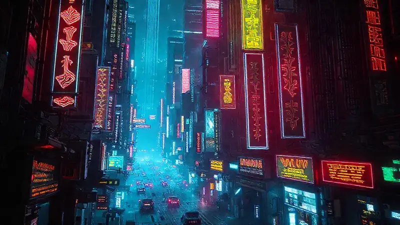 Ciudad cyberpunk futurista, oscura y amenazante