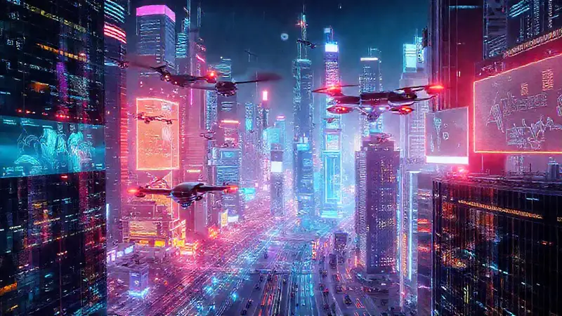 Ciudad futurista, brillante y dinámica