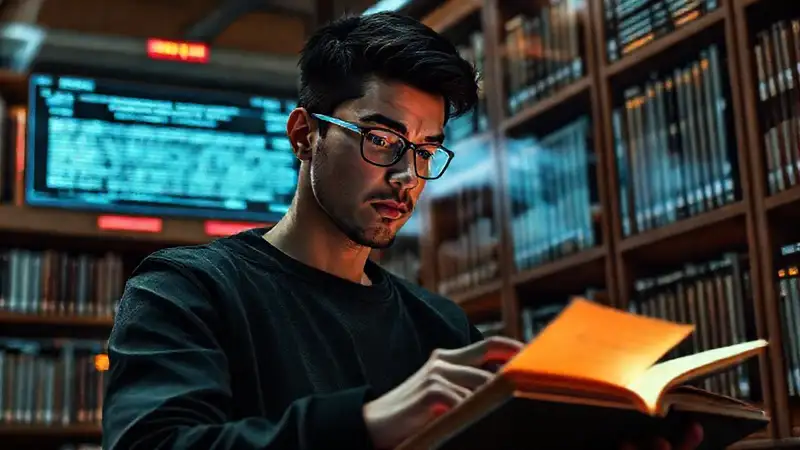 Estudiante estudia en biblioteca digital avanzada