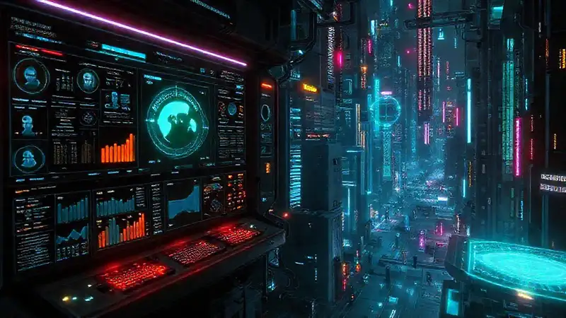 Interfaz cyberpunk futurista, visualmente compleja y controlada